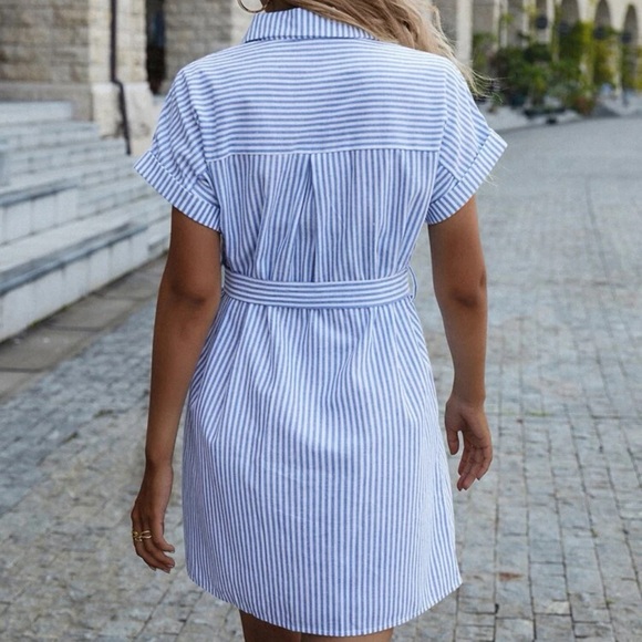 Short sleeve button up shirt dress belted stripes blue white boho preppy - Picture 3 of 3